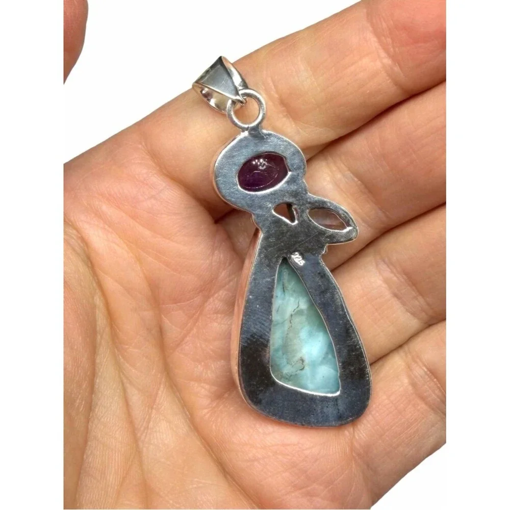 Larimar Amethyst Rainbow Moonstone Necklace Pendant Solid 925 Sterling Silver